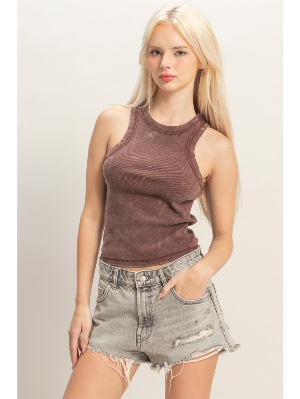 Chocolate Vintage Acid Wash Ribbed Racer Tank Top